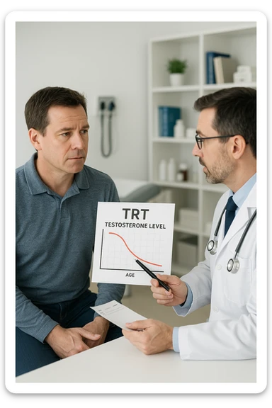 a man in his 40s sits in a doctor’s office, listening attentively as a physician explains TRT (Testosterone Replacement Therapy). The doctor holds a prescription pad and points to an educational chart showing testosterone levels. The mood is professional and informative, with a clean, clinical background. sticker