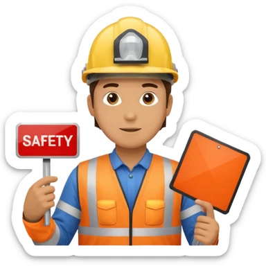 a guy wearing safety outfit with helmet holding a panel written on it SAFETY FIRST sticker