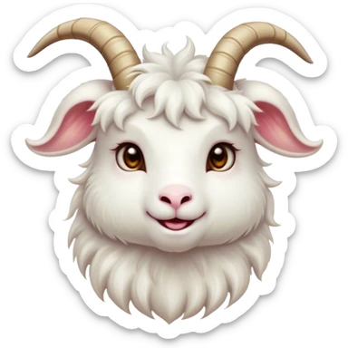 Cinematic Cute White Goat Portrait Emoji, Head tilted playfully and inquisitively, featuring a fluffy, immaculate white fur with charming curved horns, round, sparkling eyes filled with gentle curiosity, Simplified yet irresistibly adorable features, highly detailed, glowing with a warm, friendly glow, high shine, affectionate and lively, stylized with a touch of whimsical charm, bright and endearing, soft glowing outline, capturing the essence of a mischievous yet loving goat, so playful it feels like it could trot out of the screen and into your arms! sticker