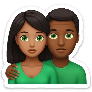 black man and woman with dark hair and green eyes embracing, emoji style sticker