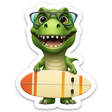 Un dinosaurio montado en una tabla de surf con unas gafas sticker