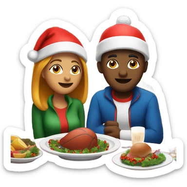 Sports emoji couple, man and woman in sportswear, sitting at the New Year's dinner table with a red Christmas hat sticker