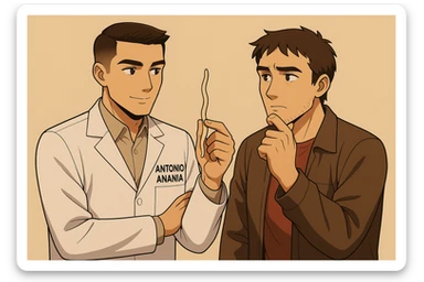 fai un webtoon manga a colori con questo stile, in cui un uomo ascolto il kinesiologo con il camice bianco (fagli anche la scritta "ANTONIO ANANIA" SUL CAMICE, il kinesiologo con il camice mostra un verme lungo e beige chiaro all'uomo, IL KINESIOLOGO SPIEGA ALL'UOMO UNA cosa. L'UOMO ha un ESPRESSIONE pensierosa IN VOLTO mentre si tocca il mento con l'indice. non fare i fumetti però, fai solo in modo che sembri stiano parlando sticker