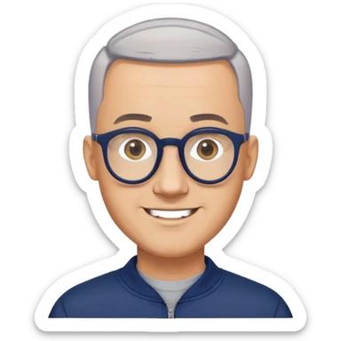 Man with light skin, oval face, buzz cut extremely short on top with faded sides, short peppered gray beard, large black-framed glasses, smiling face, broader body build, navy blue zip-front sweatshirt with long sleeves sticker