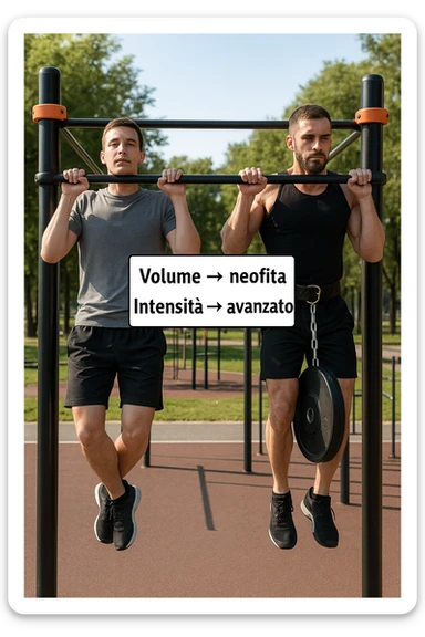 Due atleti fianco a fianco in un parco attrezzato: a sinistra il neofita che fa 10 trazioni leggere con concentrazione, a destra l’atleta avanzato con cintura zavorrata che fa 3 ripetizioni lente e pesanti. Tra loro, grafico sospeso in aria che mostra: 'Volume → neofita | Intensità → avanzato'. Stile realistico con elementi educativi visivi in italiano sticker