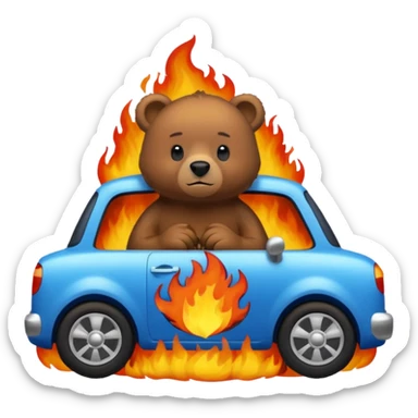 brown bear calmly sitting in a blue car engulfed in flames sticker