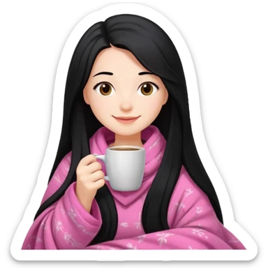 pretty girl with very long black hair, cozy in a pink blanket, drinking coffee sticker