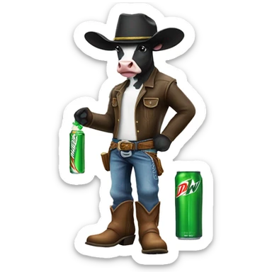 Cow holding a mountain dew in its hand and wearing jeans boots and a cowboy hat sticker