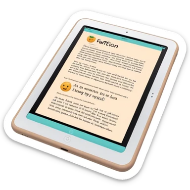 Create an emoji representing fanfiction writing. The design should feature a digital device tablet with visible text, symbolizing the creative process of writing fanfiction. Add a subtle reference to popular fictional characters or universes to indicate the fan aspect. Use a playful, imaginative color palette, blending vibrant tones with soft neutrals. Do not include any emojis or smiley faces. Make the background transparent. sticker