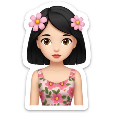 Pretty cute girl wearing a coquette dress, black hair with cute flowers, brown eyed sticker