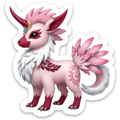Floral feathery pastel pink and ruby-jewelry-adorned Absol-Amaura-fusion-Fakemon-animal-creature  sticker