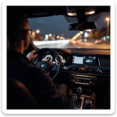 BMW Series 7 2024, cockpit view at night in Bucharest, one hand on the wheel, city lights outside, motion blur on car and background, highly realistic, photorealistic sticker