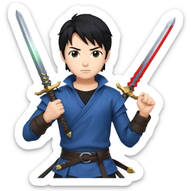Create me an anime character boy emoji looking very cool with swords on his hand sticker