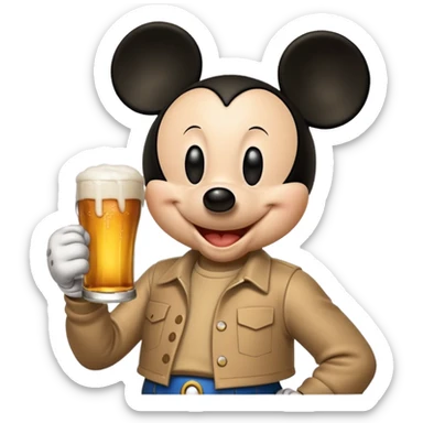 Mickey Mouse holding a beer sticker
