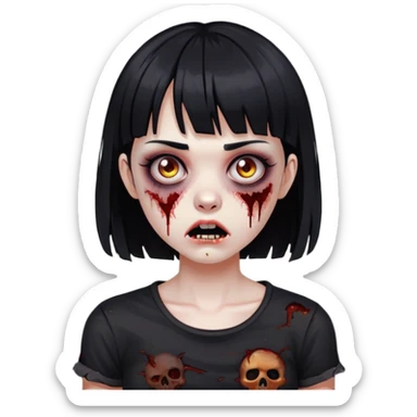 zoombie girl with black hair and short bangs wearing a destroyed black top  sticker