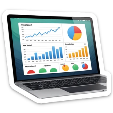 Create a macbook displaying financial charts and black analytics dashboards on the screen. sticker