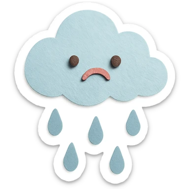 soft pastel cute rain cloud with soft blue raindrops and sad face, no arms, no legs, full body, soft pastel kawaii paper craft style sticker