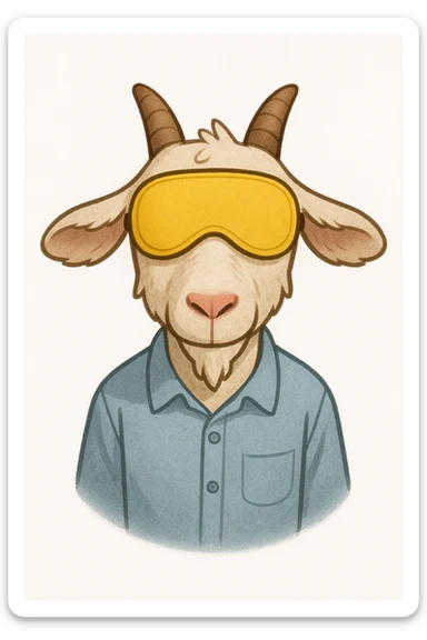 a goat with yellow sleep mask and wearing shirt, front view,  Frontal Top-Down Soft Light, white background, portrait, casual cartoon stylized sticker