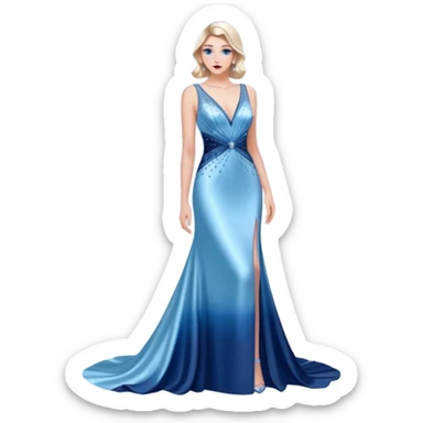 caucasian woman, in long slim pastel blue formal party satin dress with gradient shiny sparkling navy blue diamonds embroidered, full body full figure sticker