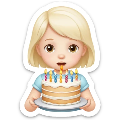 casual young baby girl in white eating birthday cake sticker