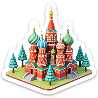Isometric illustration of Moscow, featuring Saint Basil's Cathedral with its colorful onion domes, Red Square elements, and toy-like trees around, in miniature diorama style, soft shadows and pastel colors. sticker