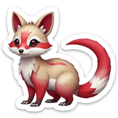Cool Smooth Asian oriental painted silky soft White white with red gradients, and slit eyes markings beautiful handsome gorgeous aesthetic colorful vibrant Vernid-Trico-Marsupial-Furret-Zangoose-species-Fakemon-creature by LiLaiRa, 4 legs, 1 tail, random markings, (full body) sticker
