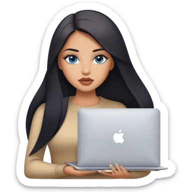 Glamours, tanned, very beautiful girl, with big pump beige lips, black straight smooth silky long hair, straight parting, blue-grey eyes, holding MacBook sticker