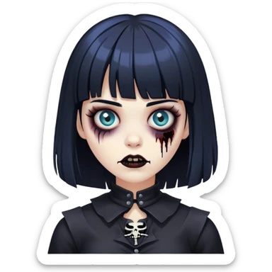 mulher com franja, cabelo médio preto azulado, roupa preta zumbi  sticker