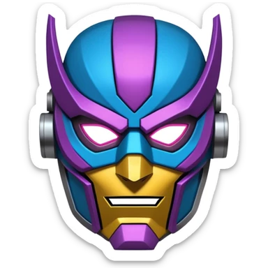 "Stylized sticker of a mechanical superhero mask, urban graffiti style, sharp edges, neon light accents, thick contour lines, high contrast, matte finish, isolated on white." sticker