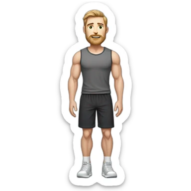 Full height Pale skinned muscular man With Realistic eyes and mouth, light brown hair and stubble In dark gray sleeveless mike, black oversize sports shorts, watch and white sneakers. sticker
