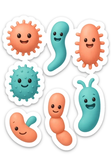 EMOJI STILE IPHONE DI 6 SPECIE DI BATTERI INTESTINALI ROSA SALMONE E TURCHESI DIVERSI TRA LORO PER FORMA, FLUTTUANO IN ARIA, IPERREALISTICO 4K sticker