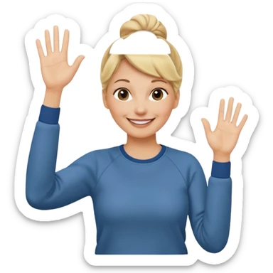 50 year old blonde woman with bun in casual clothes and sweat shirt waving sticker