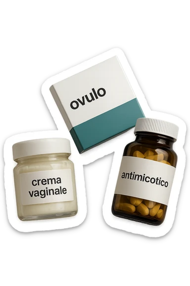 un barattolo di crema con la scritta "crema va**ale", una scatola con farmaco con la scritta "ovulo", un barattolo di farmaco con la scritta "antimicotico" in italiano sulle etichette, fluttuano in aria, IPERREALISTICO 4K sticker