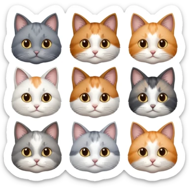 6 realistic looking cats with different natural coloured coats, assorted grey and white, greys, calico, brown and white colours etc
 sticker