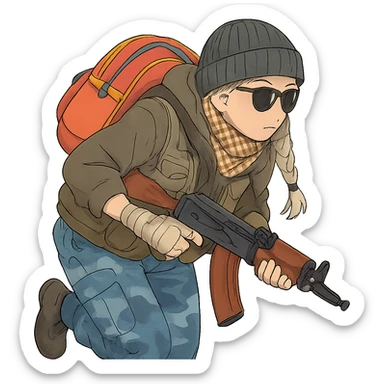 1 female, long white braid, knit cap, dark sunglasses, shemegh neckwrap, fishing vest, vibrant shool backpack, drab hoodie, handwraps, blue camo pants, AKS-74U, hunched over, on the move sticker