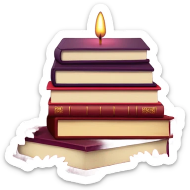 A maroon book stack adorned with ruby-red chrysanthemums and a candle sticker