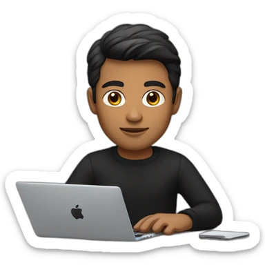     memoji of a man with a laptop in front, apple-style,modern,dark hair,black sweater,computer in hand, srilankan brown skin, sitting on his desk sticker
