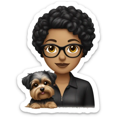 A White girl with curly medium length black hair and glasses holding a Yorkie  sticker