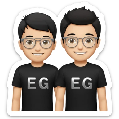 2 boys both wearing black t-shirts with the letters EDG, one wearing silver rectangular glasses, black hair, smiling; the other with black hair smiled brightly sticker