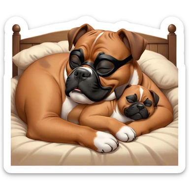 Cinematic Meme-Worthy Chubby Sleeping Boxer dog Portrait Emoji, Head resting peacefully with a contented smile, showcasing a delightfully chubby build and a luxuriously soft fawn coat with a striking black mask, eyes shut in a serene nap, Simplified yet hilariously adorable features, highly detailed, glowing with a soft, drowsy light, high shine, relaxed and utterly lovable, stylized with an air of playful laziness, bright and heartwarming, soft glowing outline, capturing the essence of a comically sleepy Boxer, so meme-worthy it feels like it could instantly become the next viral sensation of adorable slumber! sticker