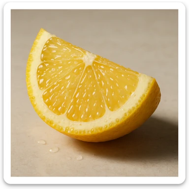 realistic lemon wedge, fresh cut, juice drops, soft shadows sticker