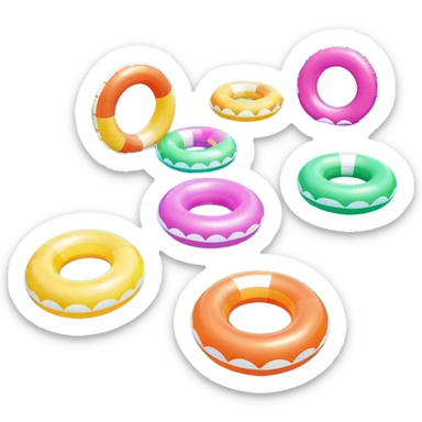 swimming pool surface with multiple inflatable pool floats floating on water, extra colorful float rings scattered across the pool, glossy water reflections, summer vibe, 3D cartoon style, mobile game icon style, clean composition, no people, no text, no watermark

 sticker