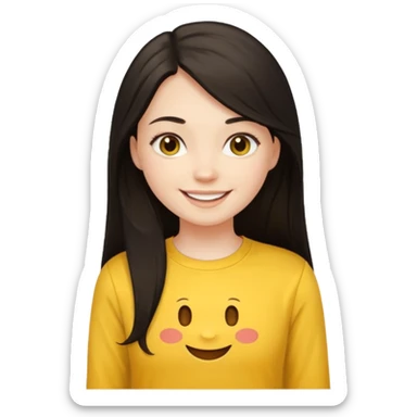 girl on a laptop, long dark hair white skin and yellow shirt long sleeves, smiling sticker
