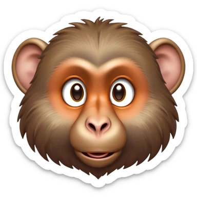 Cinematic Cute Baboon Portrait Emoji, Head tilted playfully and inquisitively, featuring a vibrant Fur of earthy browns with expressive, round, sparkling eyes filled with curiosity, Simplified yet irresistibly adorable features, highly detailed, glowing with a warm, friendly glow, high shine, affectionate and spirited, stylized with a touch of urban whimsy, bright and endearing, soft glowing outline, capturing the essence of a mischievous yet loving baboon, so playful it feels like it could leap out of the screen and into your arms! sticker