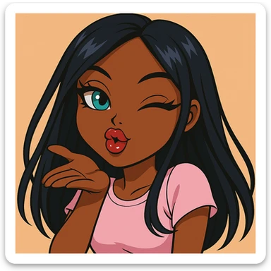 Remove any hats, ensure she is winking while blowing a kiss, headshot only, 20-year-old anime Bratz style woman with dark skin, dark hair, bold colorful fashion-forward look, big expressive eyes, glossy lips, happy expression, no tears. Style: anime Bratz. sticker