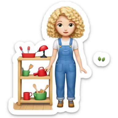 blonde curly woman arranging furniture in doll house with overalls sticker