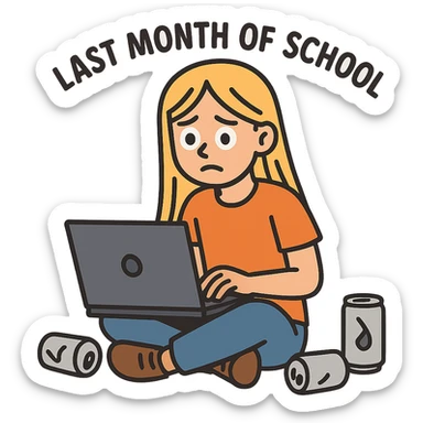 flat-toon style blonde straight-haired girl in survival mode, sitting on floor with laptop and empty energy drink cans, last month of school sticker
