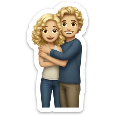 brown wavy hair girl with blonde curly hair boy hugging sticker