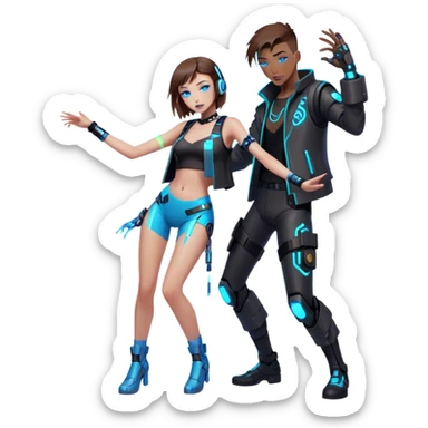 Neon cyberpunk style 
girl with brown hair and blue eyes dance with man sticker