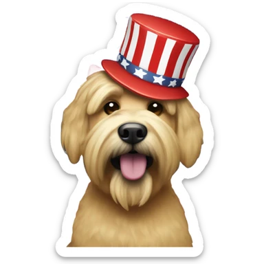 Trump with a wheaten terrier wearing maga hat sticker